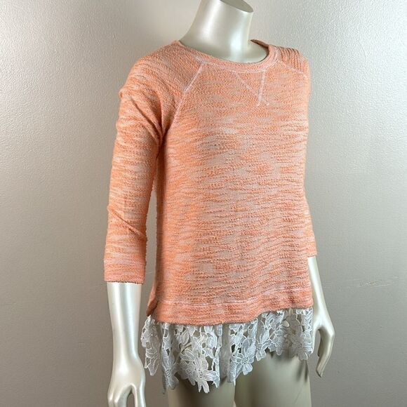 Sunday In Brooklyn Anthropologie Orange White Lace Hem Pullover Sweater Small XS - Picture 8 of 9